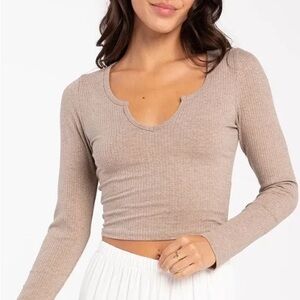 Bozzolo Tan Long Sleeve Crop Tee Shirt- Size Medium